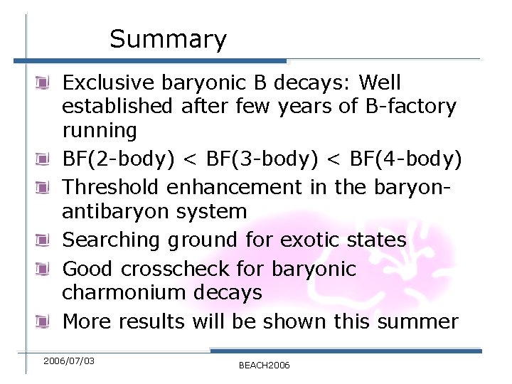 Summary Exclusive baryonic B decays: Well established after few years of B-factory running BF(2