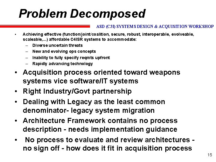 Problem Decomposed ASD (C 3 I) SYSTEMS DESIGN & ACQUISITION WORKSHOP • Achieving effective