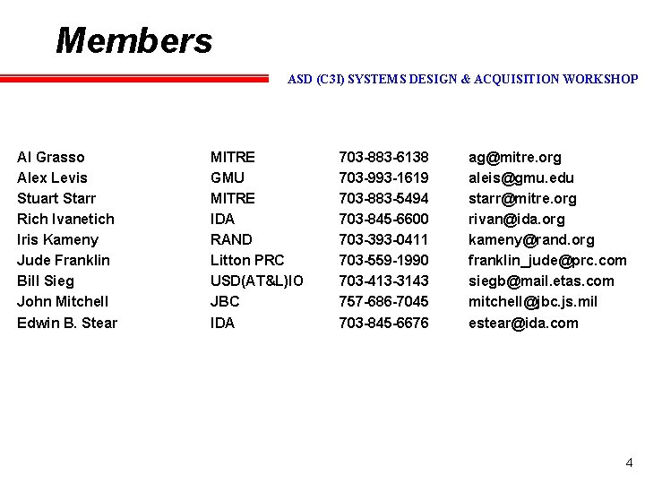 Members ASD (C 3 I) SYSTEMS DESIGN & ACQUISITION WORKSHOP Al Grasso Alex Levis