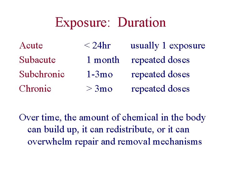 Exposure: Duration Acute Subacute Subchronic Chronic < 24 hr 1 month 1 -3 mo