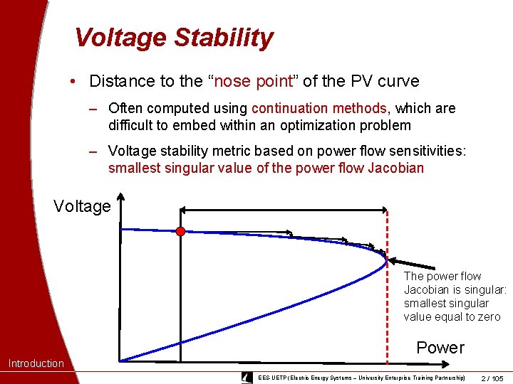 Voltage Stability • Distance to the “nose point” of the PV curve ‒ Often