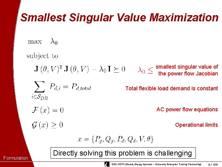 Smallest Singular Value Maximization smallest singular value of the power flow Jacobian Total flexible