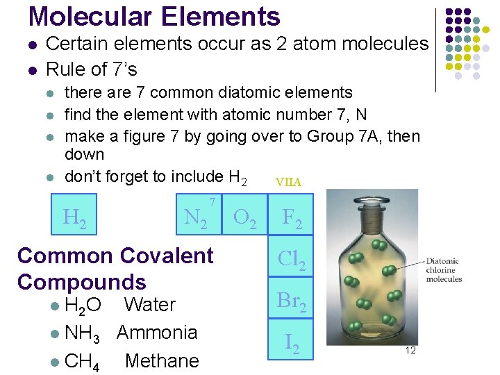 Molecular Elements l l Certain elements occur as 2 atom molecules Rule of 7’s