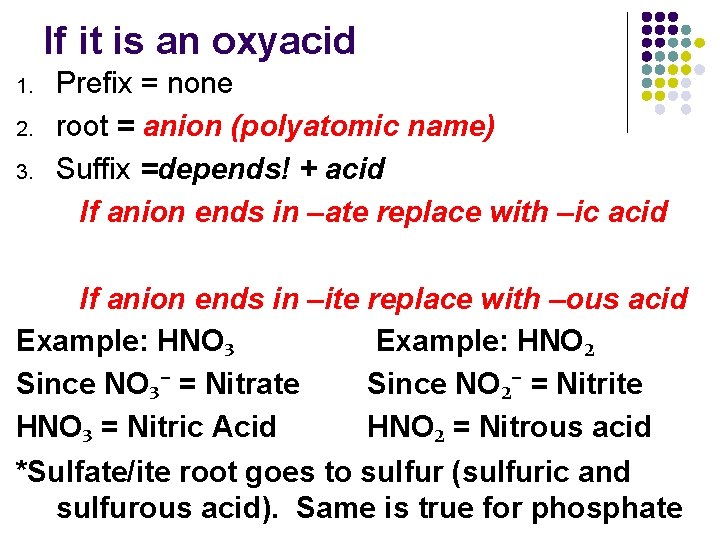 If it is an oxyacid 1. 2. 3. Prefix = none root = anion