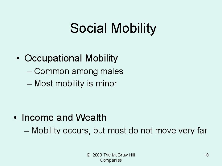 Social Mobility • Occupational Mobility – Common among males – Most mobility is minor