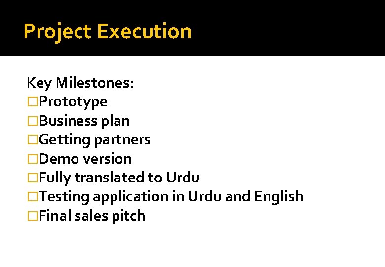 Project Execution Key Milestones: �Prototype �Business plan �Getting partners �Demo version �Fully translated to