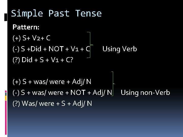 Simple Past Tense Pattern: (+) S+ V 2+ C (-) S +Did + NOT