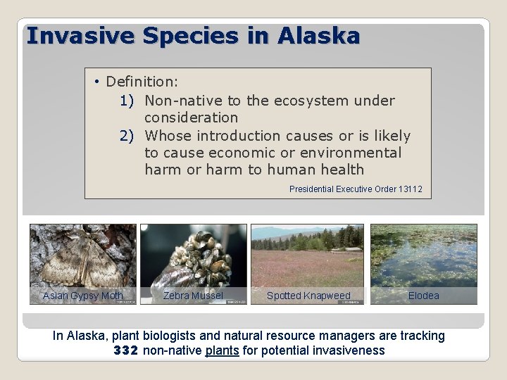 Invasive Species in Alaska • Definition: 1) Non-native to the ecosystem under consideration 2)