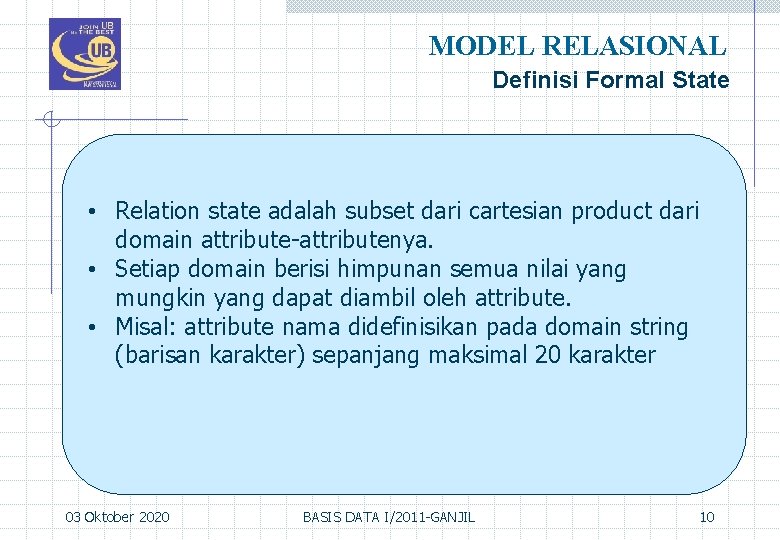 MODEL RELASIONAL Definisi Formal State • Relation state adalah subset dari cartesian product dari