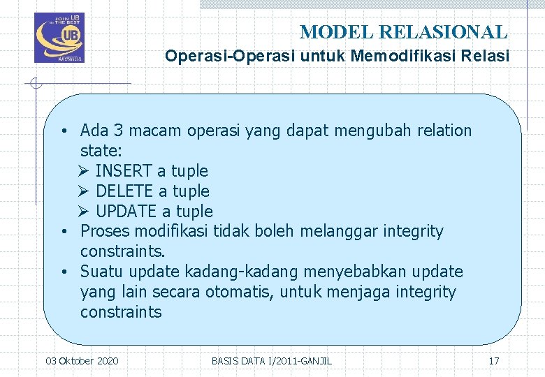 MODEL RELASIONAL Operasi-Operasi untuk Memodifikasi Relasi • Ada 3 macam operasi yang dapat mengubah