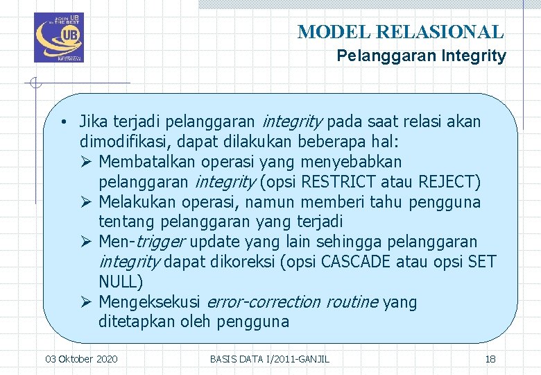 MODEL RELASIONAL Pelanggaran Integrity • Jika terjadi pelanggaran integrity pada saat relasi akan dimodifikasi,