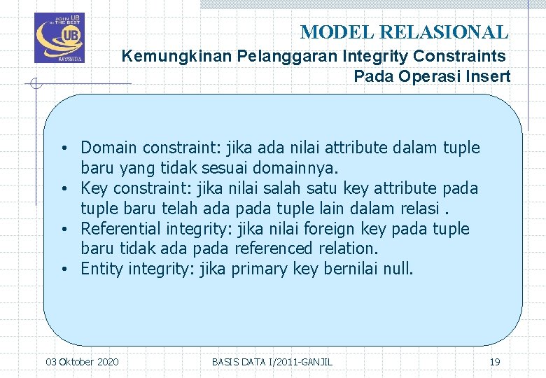 MODEL RELASIONAL Kemungkinan Pelanggaran Integrity Constraints Pada Operasi Insert • Domain constraint: jika ada