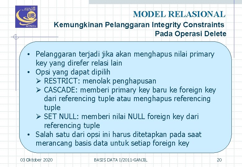 MODEL RELASIONAL Kemungkinan Pelanggaran Integrity Constraints Pada Operasi Delete • Pelanggaran terjadi jika akan