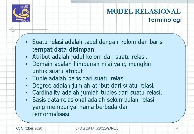 MODEL RELASIONAL Terminologi • Suatu relasi adalah tabel dengan kolom dan baris tempat data