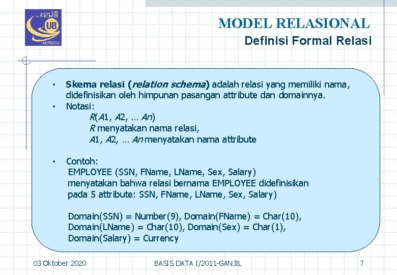 MODEL RELASIONAL Definisi Formal Relasi • • • Skema relasi (relation schema) adalah relasi