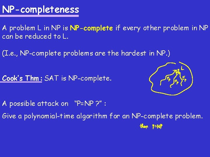 NP-completeness A problem L in NP is NP-complete if every other problem in NP