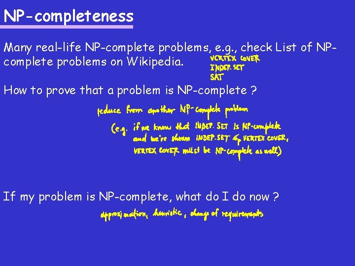 NP-completeness Many real-life NP-complete problems, e. g. , check List of NPcomplete problems on