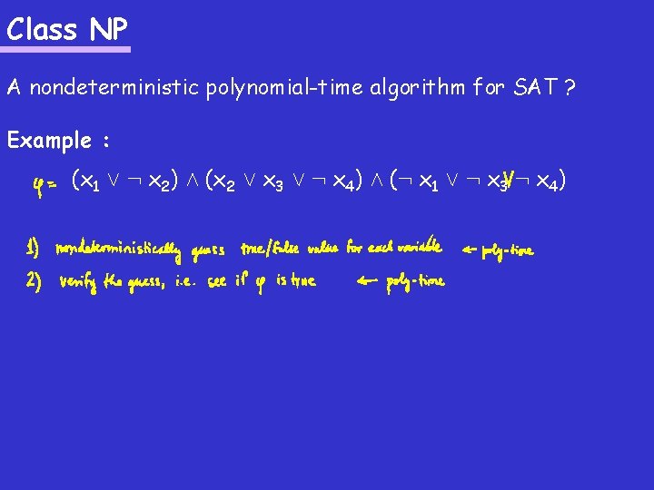 Class NP A nondeterministic polynomial-time algorithm for SAT ? Example : (x 1 Ç