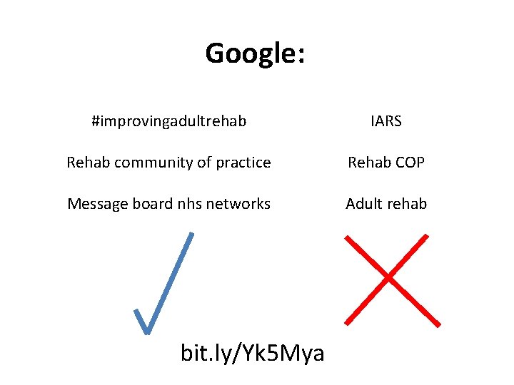 Google: #improvingadultrehab IARS Rehab community of practice Rehab COP Message board nhs networks Adult