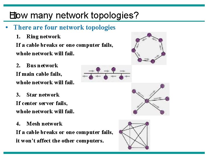 How many network topologies? � • There are four network topologies 1. Ring network