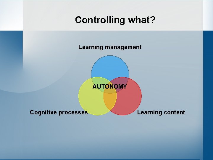 Controlling what? Learning management AUTONOMY Cognitive processes Learning content 