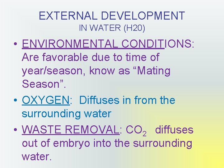 EXTERNAL DEVELOPMENT IN WATER (H 20) • ENVIRONMENTAL CONDITIONS: Are favorable due to time