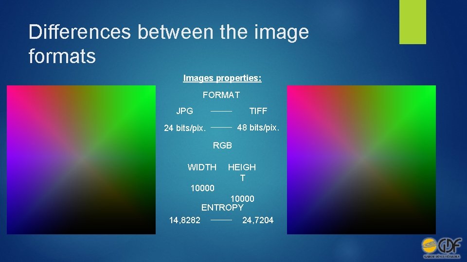 Differences between the image formats Images properties: FORMAT JPG TIFF 24 bits/pix. 48 bits/pix.