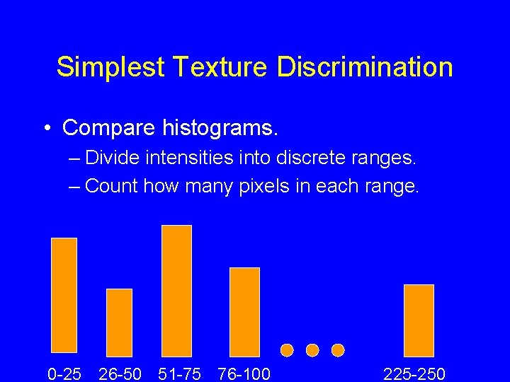Simplest Texture Discrimination • Compare histograms. – Divide intensities into discrete ranges. – Count