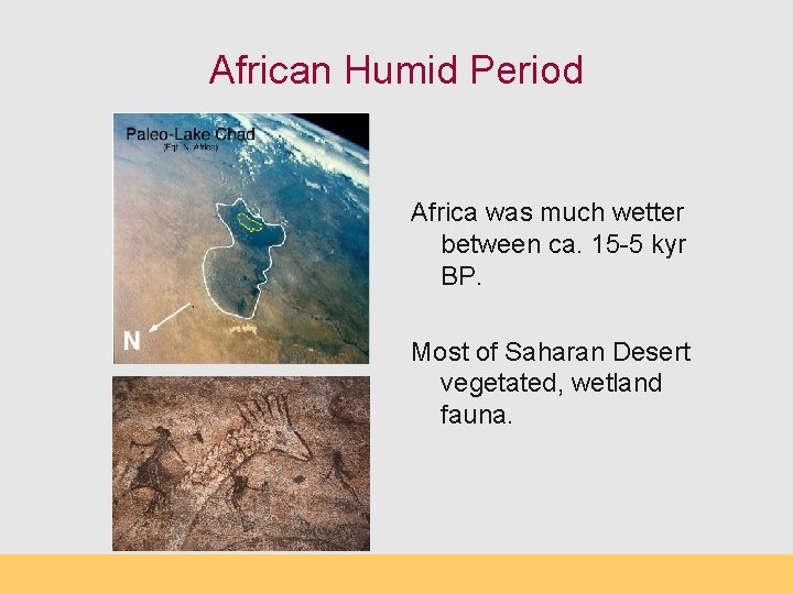 African Humid Period Africa was much wetter between ca. 15 -5 kyr BP. Most