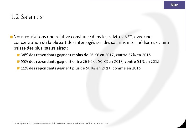 Bilan 1. 2 Salaires Nous constatons une relative constance dans les salaires NET, avec Bilan 1. 2 Salaires Nous constatons une relative constance dans les salaires NET, avec