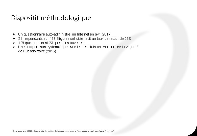 Dispositif méthodologique Ø Ø Un questionnaire auto-administré sur Internet en avril 2017 211 répondants Dispositif méthodologique Ø Ø Un questionnaire auto-administré sur Internet en avril 2017 211 répondants