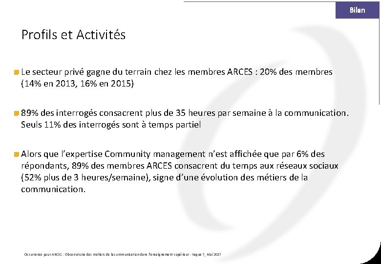 Bilan Profils et Activités Le secteur privé gagne du terrain chez les membres ARCES Bilan Profils et Activités Le secteur privé gagne du terrain chez les membres ARCES