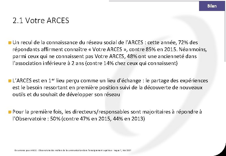 Bilan 2. 1 Votre ARCES Un recul de la connaissance du réseau social de Bilan 2. 1 Votre ARCES Un recul de la connaissance du réseau social de