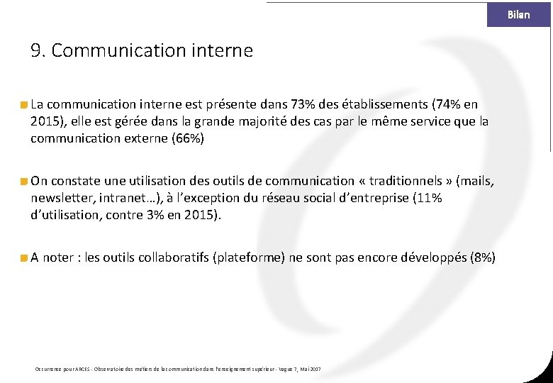 Bilan 9. Communication interne La communication interne est présente dans 73% des établissements (74% Bilan 9. Communication interne La communication interne est présente dans 73% des établissements (74%