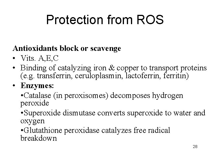 Protection from ROS Antioxidants block or scavenge • Vits. A, E, C • Binding