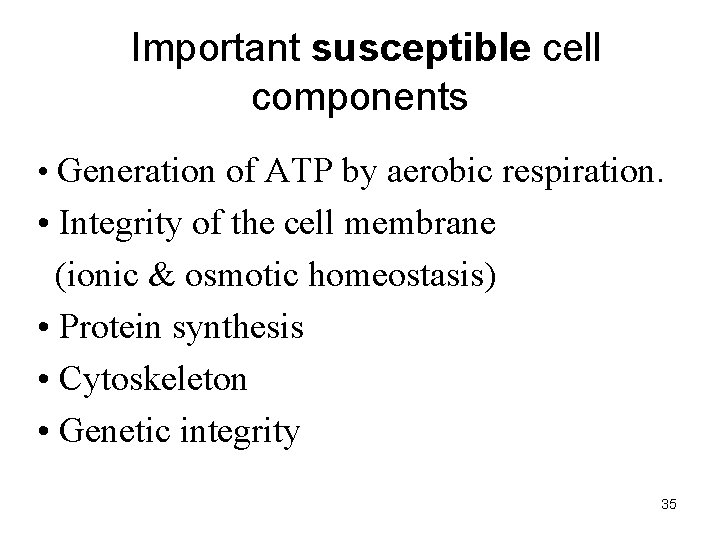 Important susceptible cell components • Generation of ATP by aerobic respiration. • Integrity of