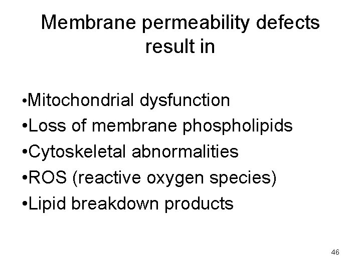 Membrane permeability defects result in • Mitochondrial dysfunction • Loss of membrane phospholipids •