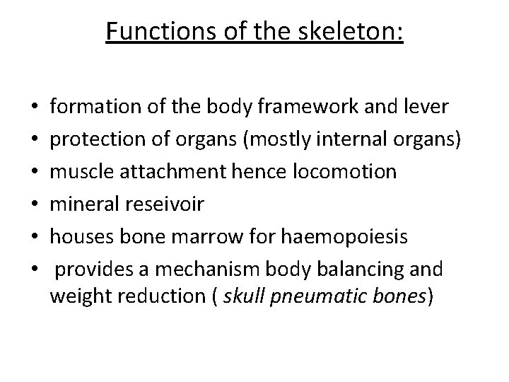 Functions of the skeleton: • • • formation of the body framework and lever