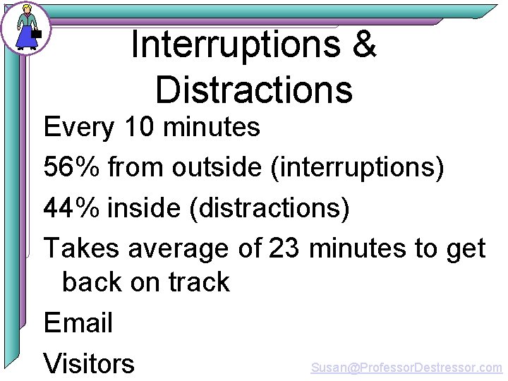 Interruptions & Distractions Every 10 minutes 56% from outside (interruptions) 44% inside (distractions) Takes