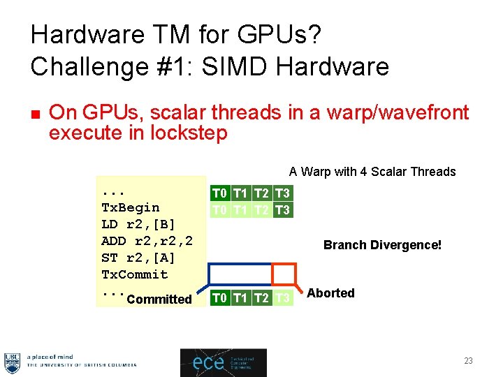 Hardware TM for GPUs? Challenge #1: SIMD Hardware n On GPUs, scalar threads in