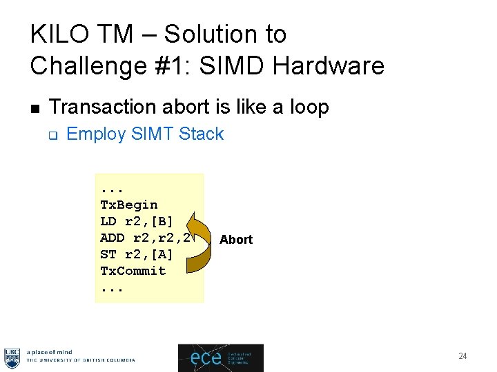 KILO TM – Solution to Challenge #1: SIMD Hardware n Transaction abort is like