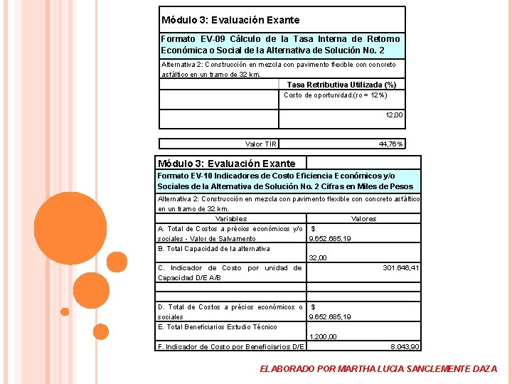 Módulo 3: Evaluación Exante Formato EV-09 Cálculo de la Tasa Interna de Retorno Económica