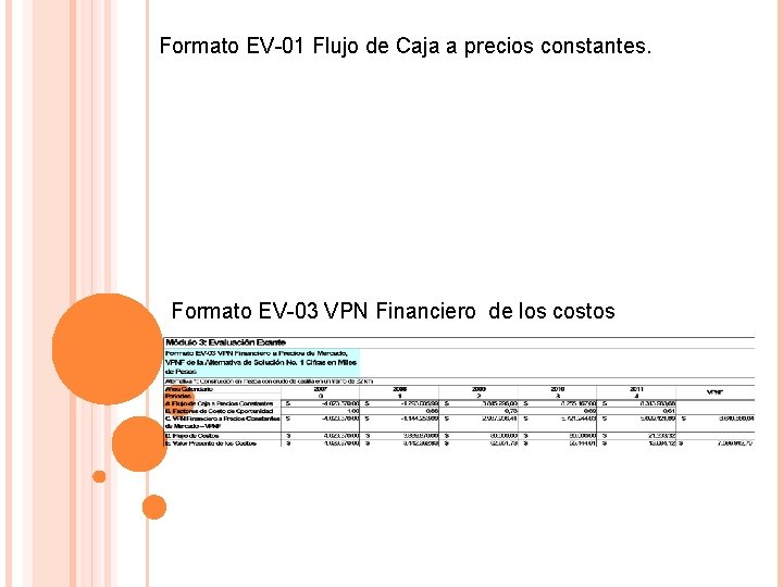Formato EV-01 Flujo de Caja a precios constantes. Formato EV-03 VPN Financiero de los