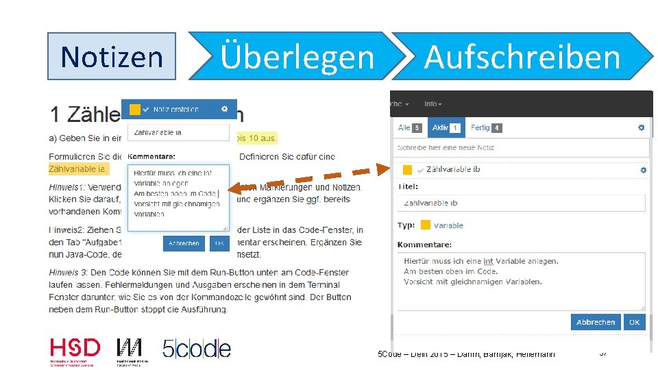 Notizen Überlegen Aufschreiben Notizbereich zum Organisieren aller Notizen/Kommentare 5 Code – Delfi 2015 –