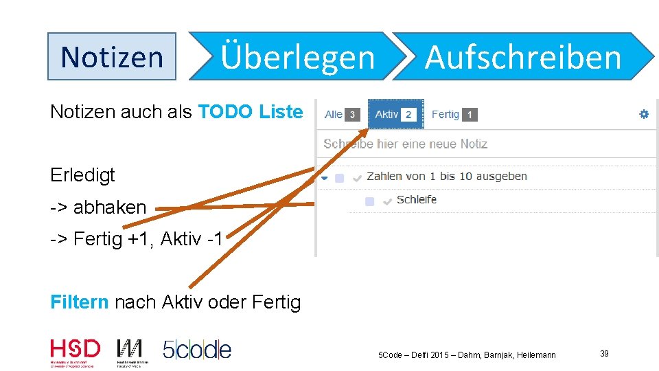 Notizen Überlegen Aufschreiben Notizen auch als TODO Liste Erledigt -> abhaken -> Fertig +1,