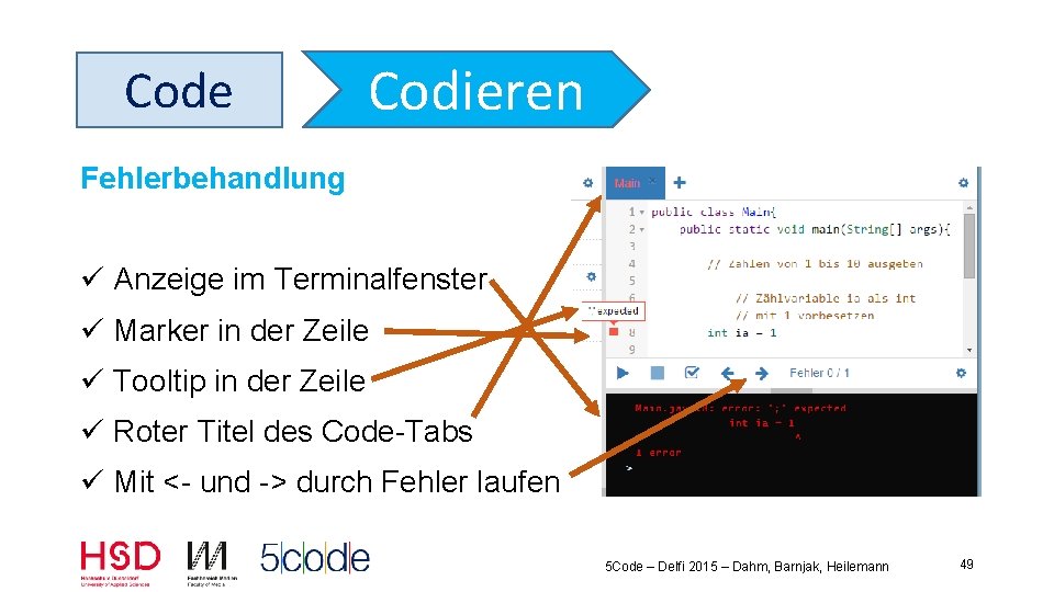 Code Codieren Fehlerbehandlung ü Anzeige im Terminalfenster ü Marker in der Zeile ü Tooltip