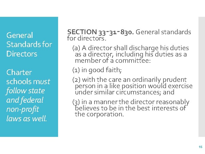 General Standards for Directors Charter schools must follow state and federal non-profit laws as