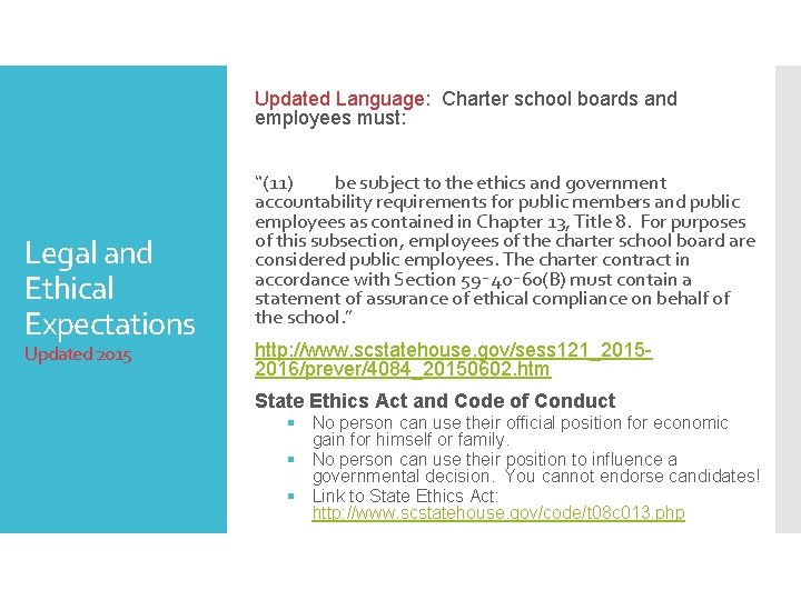 Updated Language: Charter school boards and employees must: Legal and Ethical Expectations Updated 2015