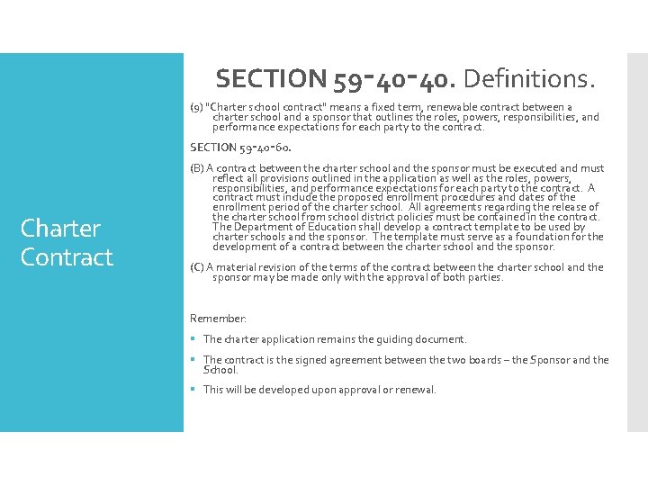 SECTION 59‑ 40. Definitions. (9) "Charter school contract" means a fixed term, renewable contract