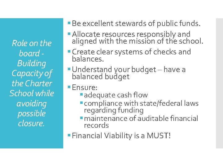 Role on the board Building Capacity of the Charter School while avoiding possible closure.